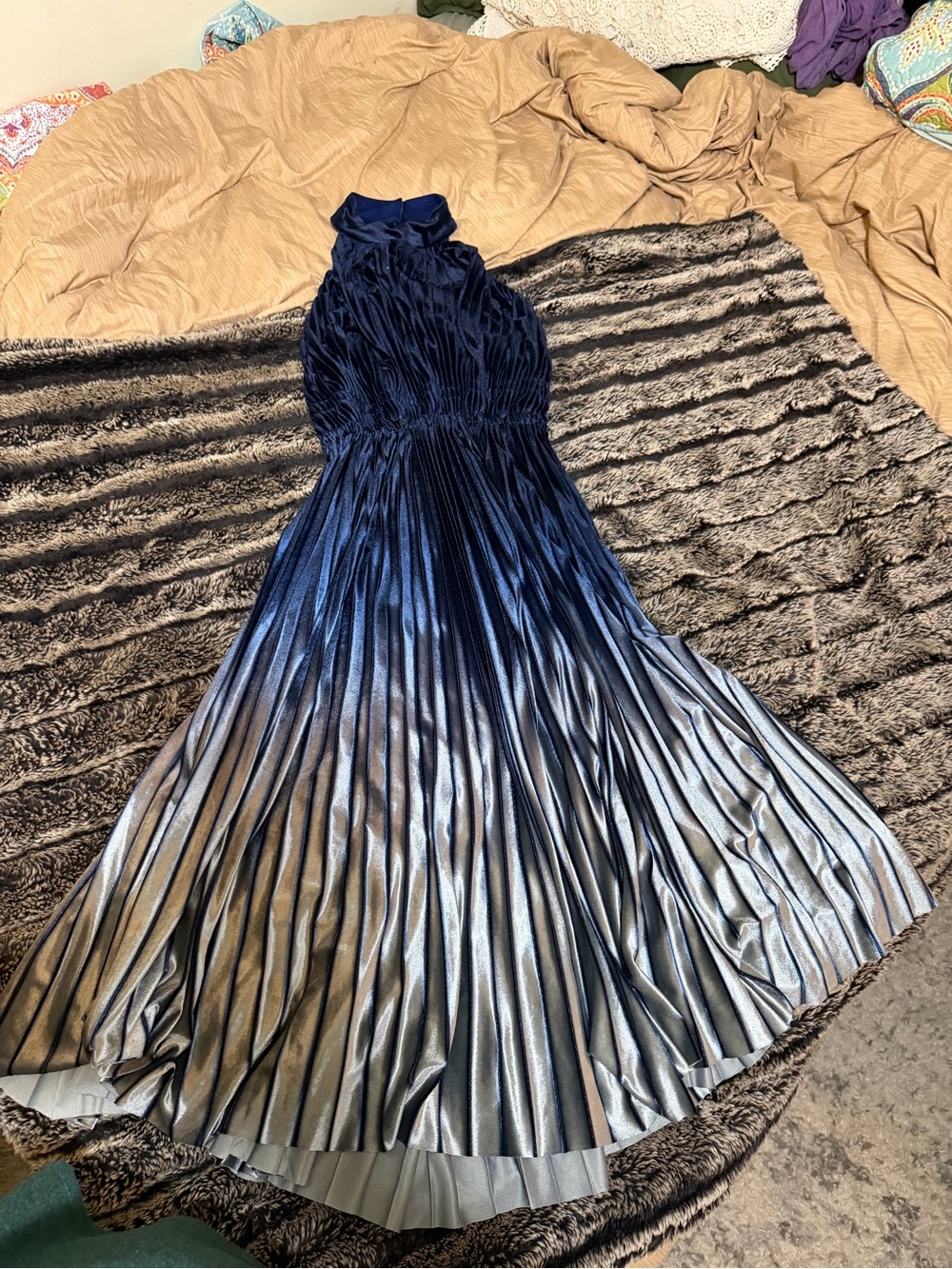 Anthropologie Navy to Silver Pleated Halter Midi Dress